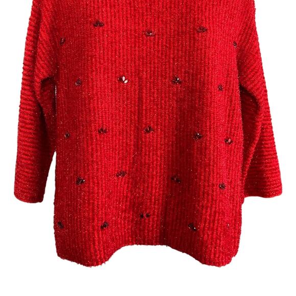 Ruby Rd. Women's Red Rhinestone Metallic 3/4 Sleeves Pullover Sweater | Size L - Picture 5 of 8